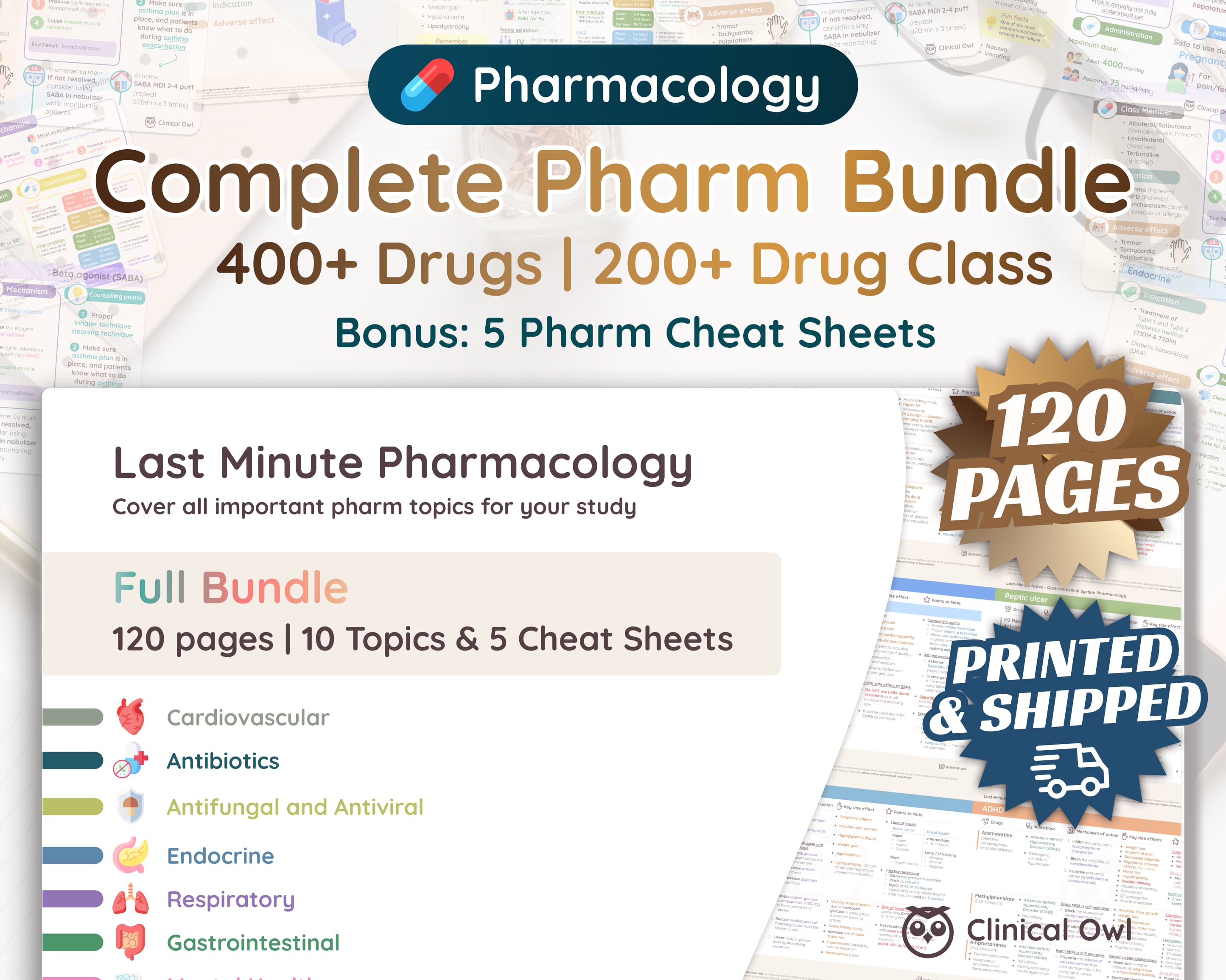 120 pages summary of all 10 key pharmacology topics and 5 bonus cheat sheets