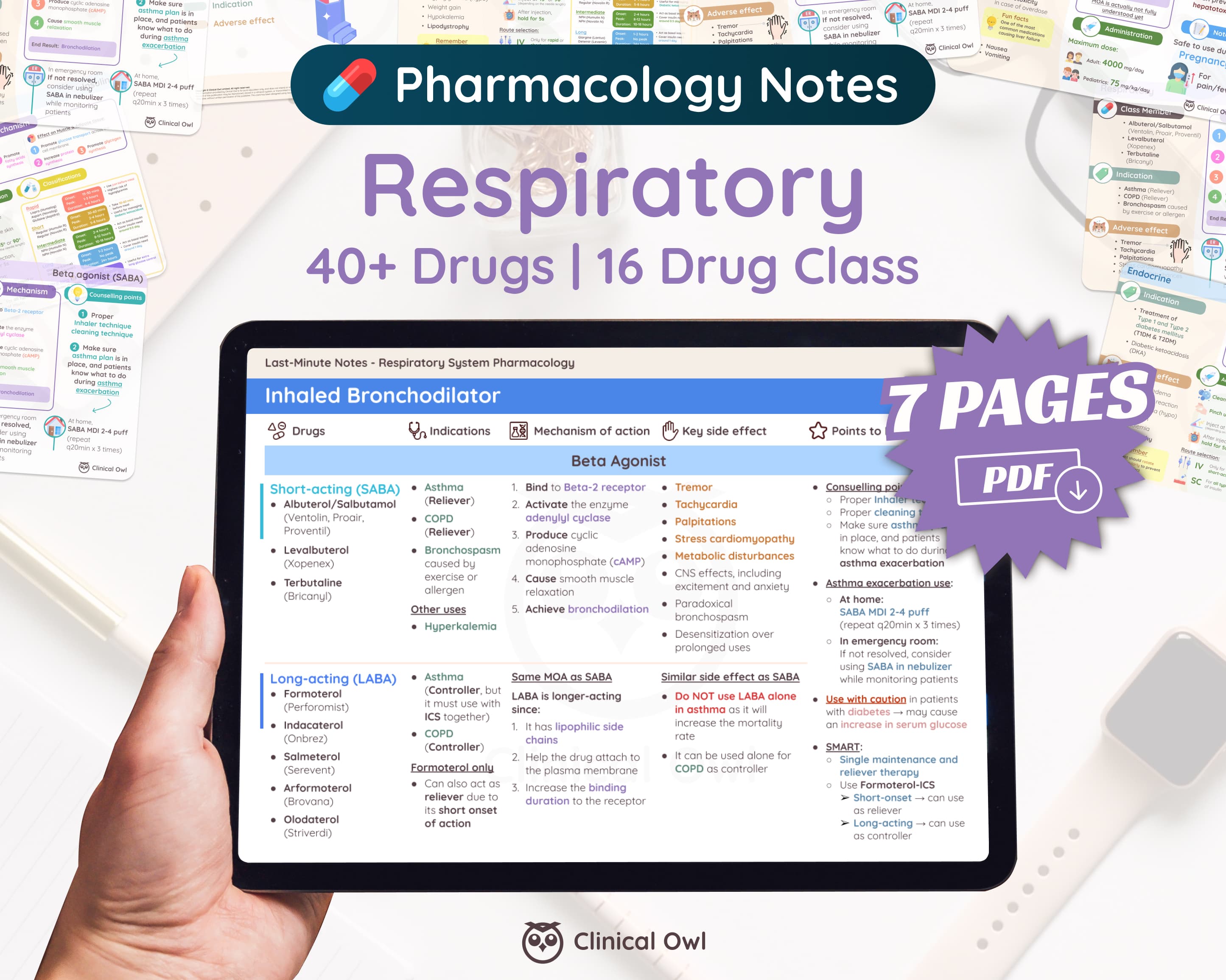 This 7 pages respiratory pharmacology last minute notes includes 40+ Drugs, 16 Drug Class