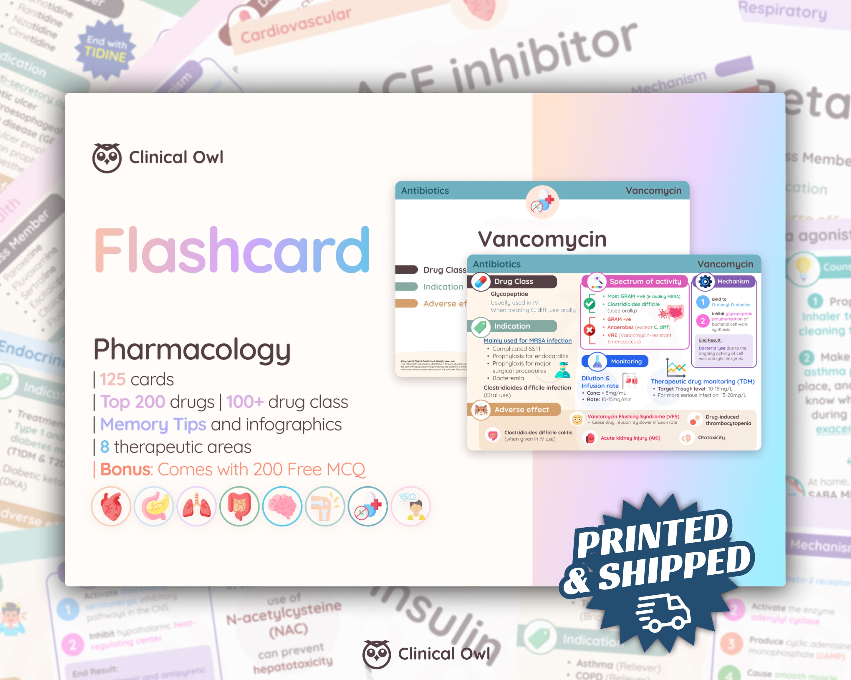 Pharmacology Flashcards that cover the most essential 200+ medications you need to know.