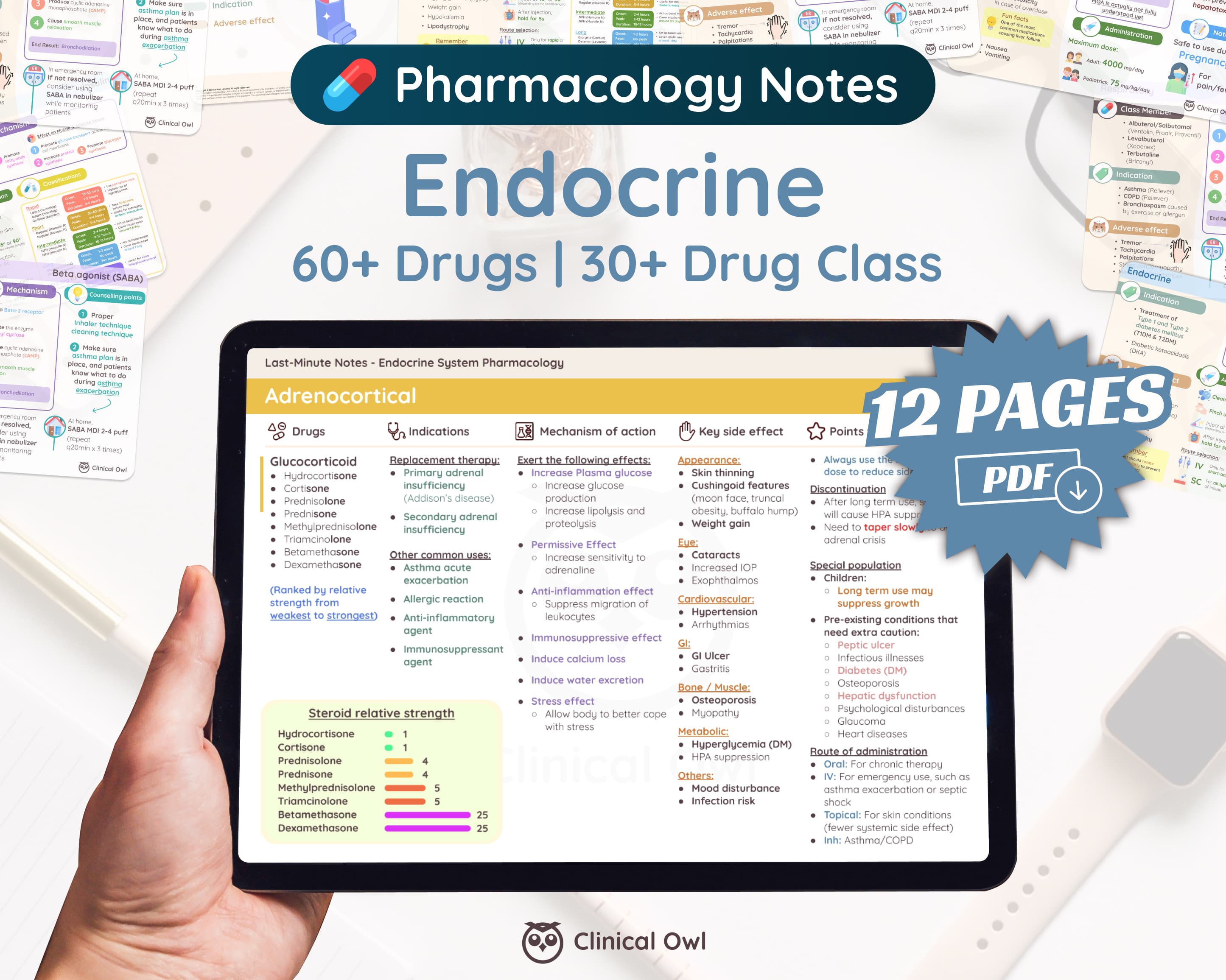 This 12 pages endocrine pharmacology last minute notes includes 60+ Drugs, 30+ Drug Class